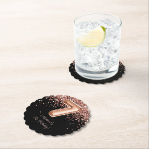 Rose Gold Black 7th Birthday Party Paper Coaster