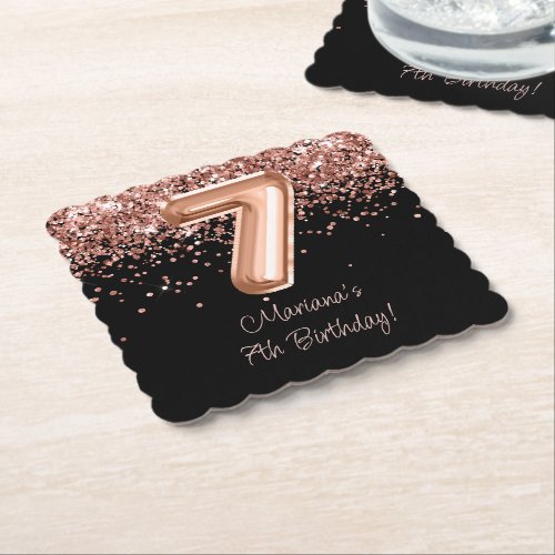  Rose Gold Black 7th Birthday Party Paper Coaster