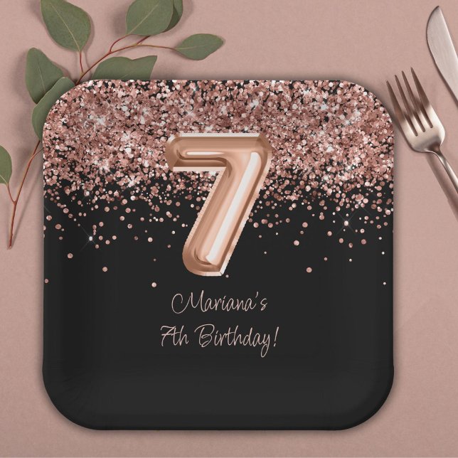  Rose Gold Black 7th Birthday Party Paper Plates (Creator Uploaded)