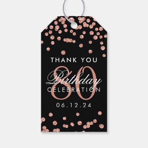 Rose Gold Black 80 Birthday Thank You Glitter Gift Tags