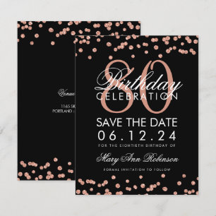 Rose Gold Black 80th Birthday Save Date Confetti Invitation