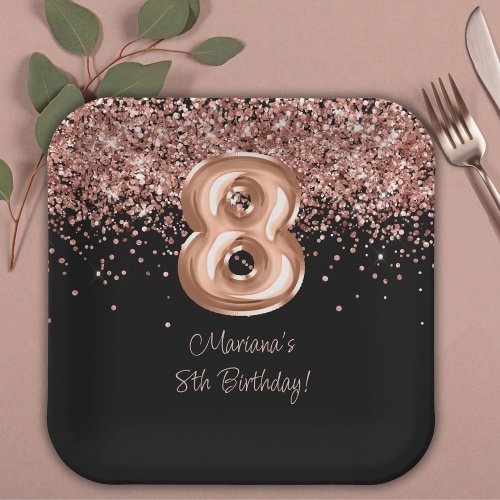  Rose Gold Black 8th Birthday Party Paper Plates
