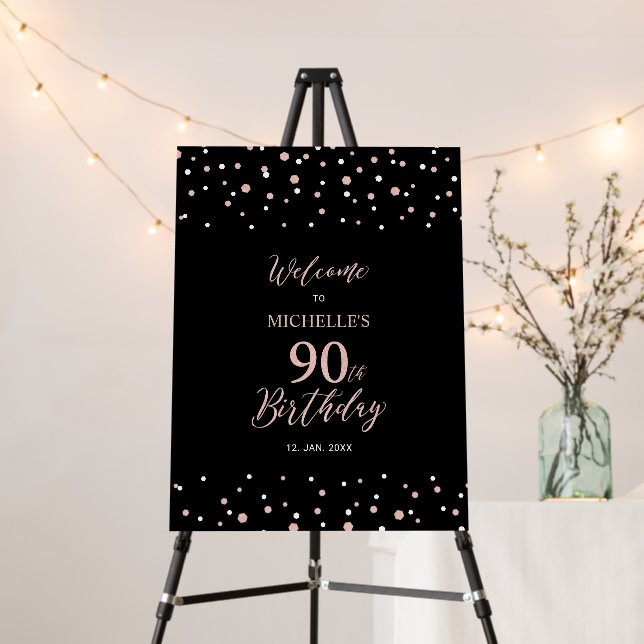 Rose Gold & Black 90th Birthday Party Welcome Foam Board (In Situ (Stand))
