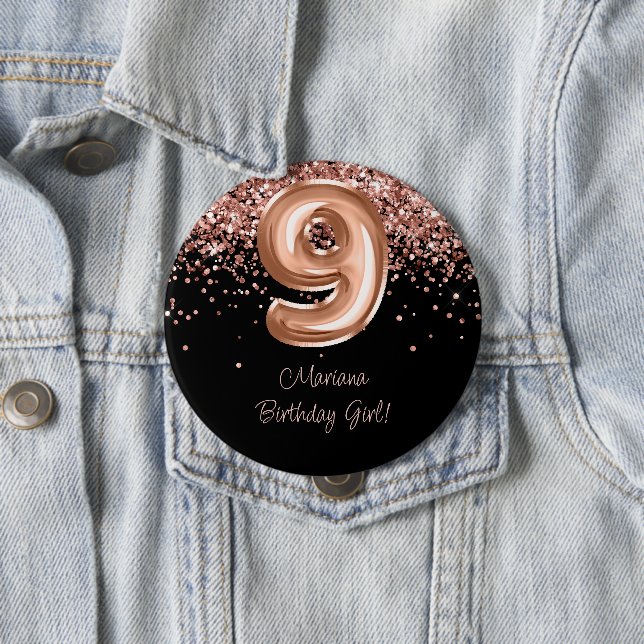 Rose Gold Black 9th Birthday Party Button (In Situ)