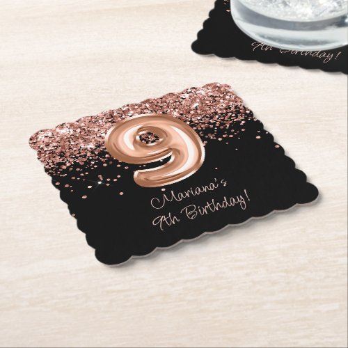  Rose Gold Black 9th Birthday Party Paper Coaster