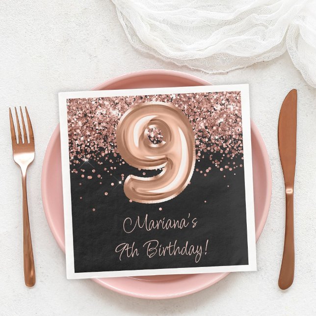  Rose Gold Black 9th Birthday Party Paper Dinner Napkins (Creator Uploaded)