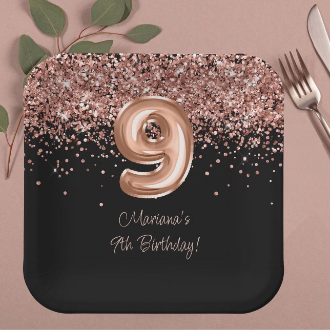  Rose Gold Black 9th Birthday Party Paper Plates (Creator Uploaded)