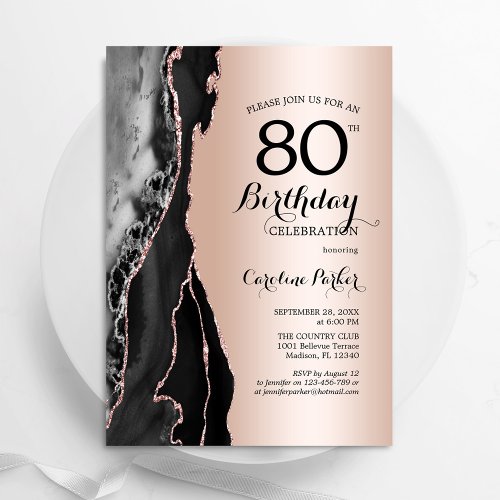 Rose Gold Black Agate 80th Birthday Invitation