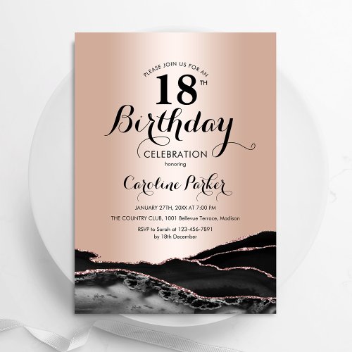 Rose Gold Black Agate Marble 18th Birthday Invitation