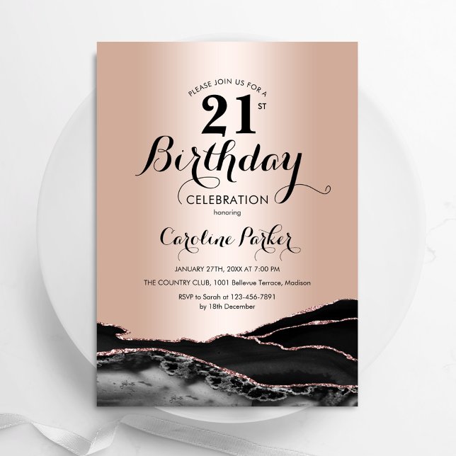 Rose Gold Black Agate Marble 21st Birthday Invitation (Creator Uploaded)