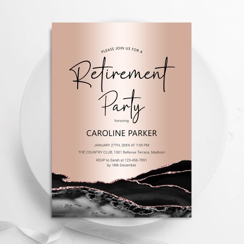 Rose Gold Black Agate Retirement Party Invitation
