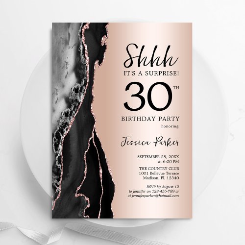 Rose Gold Black Agate Surprise 30th Birthday Invitation