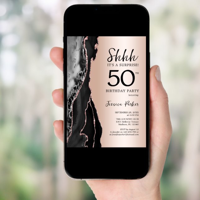 Rose Gold Black Agate Surprise 50th Birthday Invitation (Front Digital)