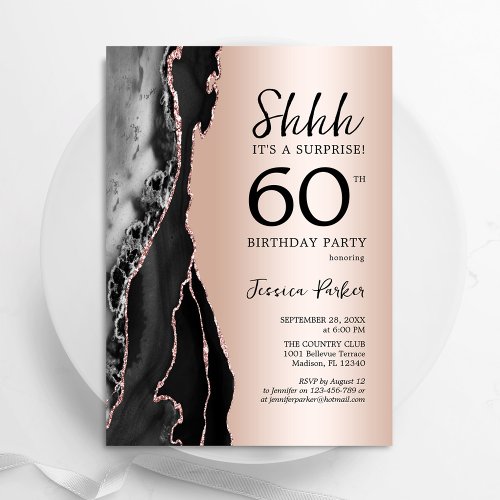 Rose Gold Black Agate Surprise 60th Birthday Invitation
