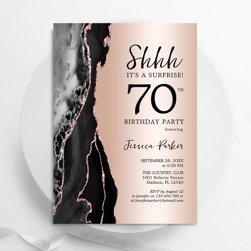 Rose Gold Black Agate Surprise 70th Birthday Invitation