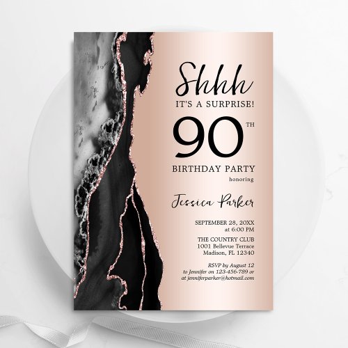 Rose Gold Black Agate Surprise 90th Birthday Invitation