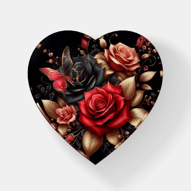 Rose Gold, Black and Red Roses with Butterfly Paperweight (Front)