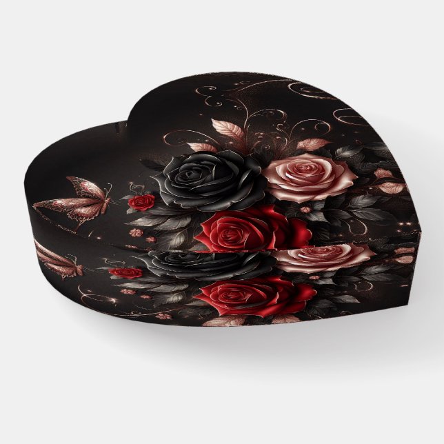 Rose Gold, Black and Red Roses with Butterfly Paperweight (Angled)