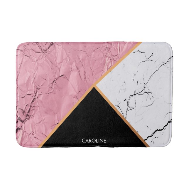 Rose Gold Black and White Marble Pattern Bath Mat (Front)