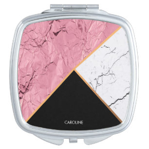 Rose Gold Black and White Marble Pattern Compact Mirror