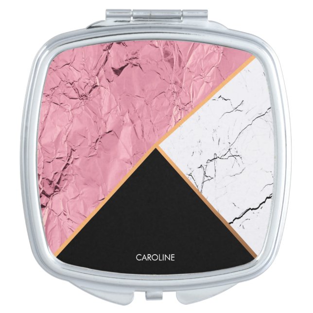 Rose Gold Black and White Marble Pattern Compact Mirror (Front)