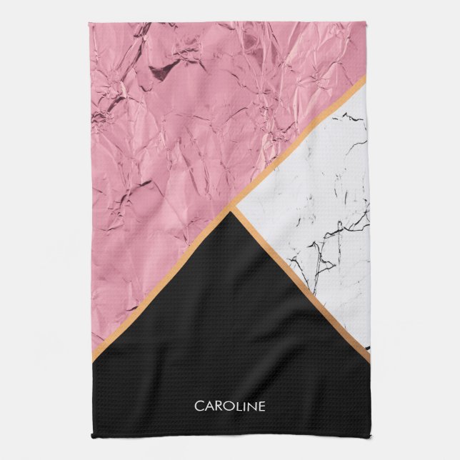Rose Gold Black and White Marble Pattern Kitchen Towel (Vertical)