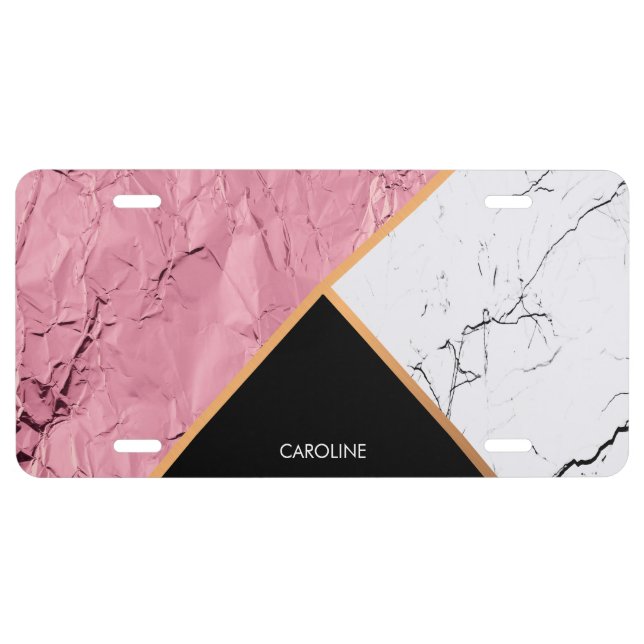 Rose Gold Black and White Marble Pattern License Plate (Front)