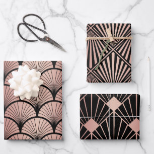 Rose Gold & Black Art Deco Trio Wrapping Paper Sheets