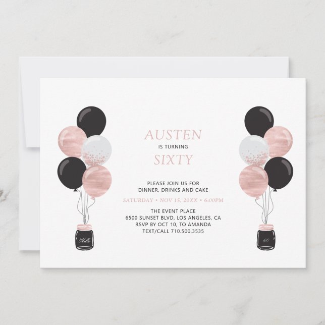 Rose Gold & Black Balloon Modern 60 Birthday Party Invitation (Front)