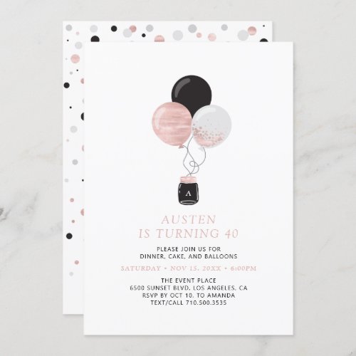Rose Gold  Black Balloons Modern Birthday Party Invitation
