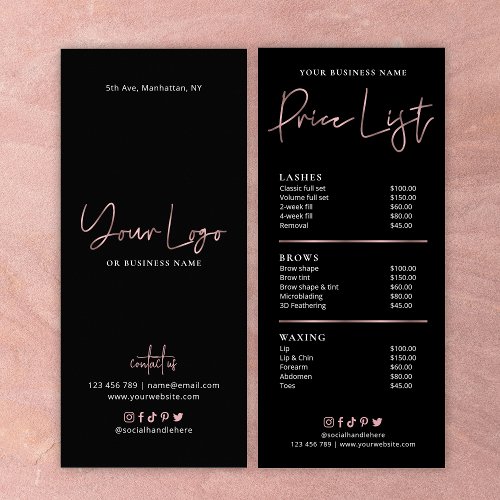 Rose Gold Black Beauty Price List Of Services Rack Card