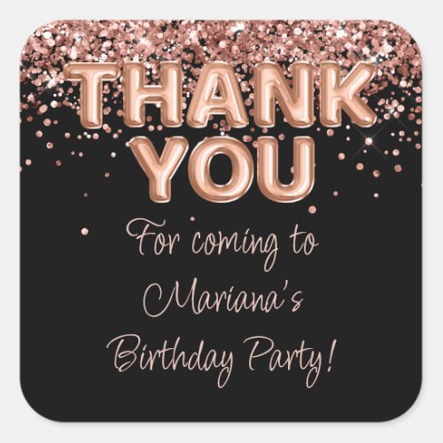 Rose Gold Black Birthday Party Favors Square Sticker