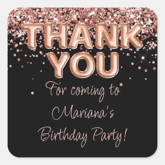Rose Gold Black Birthday Party Favors Square Sticker (Front)