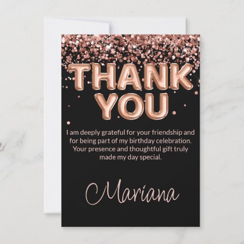 Rose Gold Black Birthday Party Thank You Card