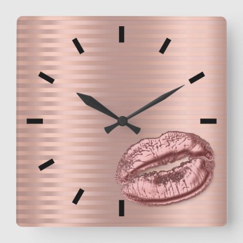 Rose Gold Black Blush Kiss Lips Stripes Lines Square Wall Clock