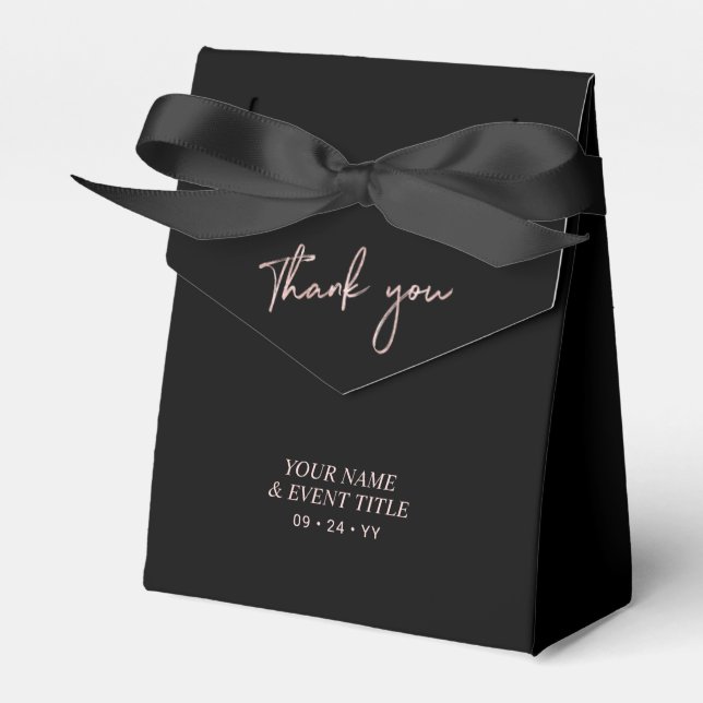 Rose gold Black Brush Script Party Thank you Favor Boxes (Front Side)