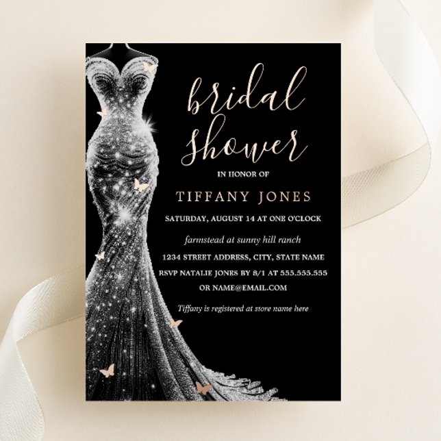 Rose Gold Black Butterfly Dress Bridal Shower  Foil Invitation (Creator Uploaded)