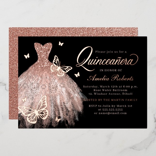 Rose Gold Black Butterfly Dress Quinceanera  Foil Invitation (Front/Back)