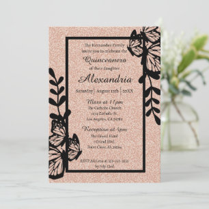 Rose Gold & Black Butterfly Quinceanera Invitation
