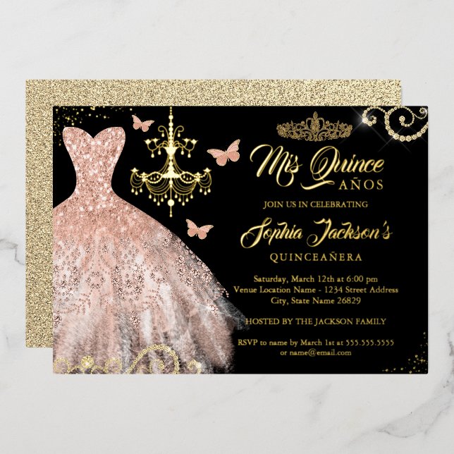 Rose Gold Black Butterfly Tiara Dress Quinceanera  Foil Invitation (Front/Back)