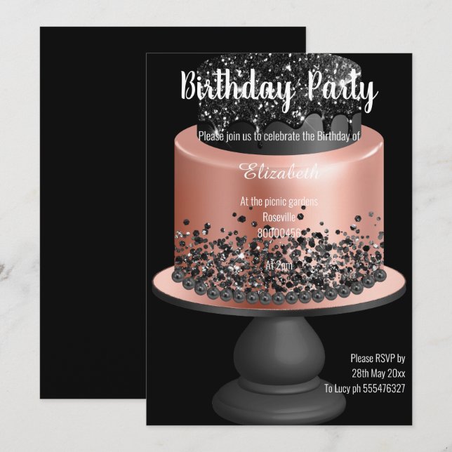ROSE GOLD BLACK CAKE BIRTHDAY INVITATION (Front/Back)