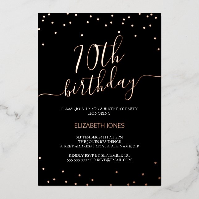Rose Gold Black Calligraphy Confetti 70th Birthday Foil Invitation (Front)