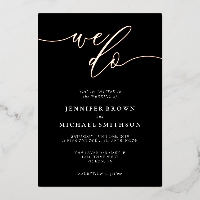 Rose Gold Black Calligraphy Signature Wedding Foil Invitation (Front)