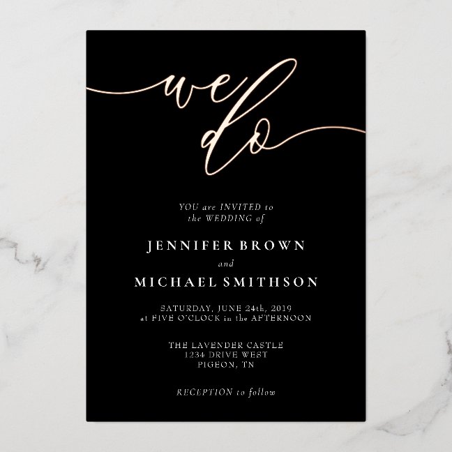 Rose Gold Black Calligraphy Signature Wedding Foil Invitation