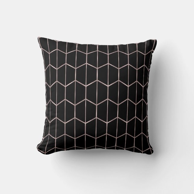 Rose Gold & Black Chic Hexagon Geometric Glam Throw Pillow (Front)