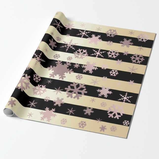 Rose Gold & Black Christmas Snowflake Pattern Wrapping Paper (Unrolled)