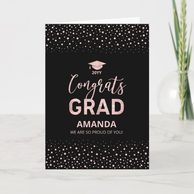 Rose Gold, Black Confetti Congrats Grad Graduation Card (Front)