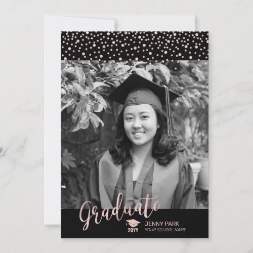 Rose gold  Black Confetti Photo Graduation Announcement