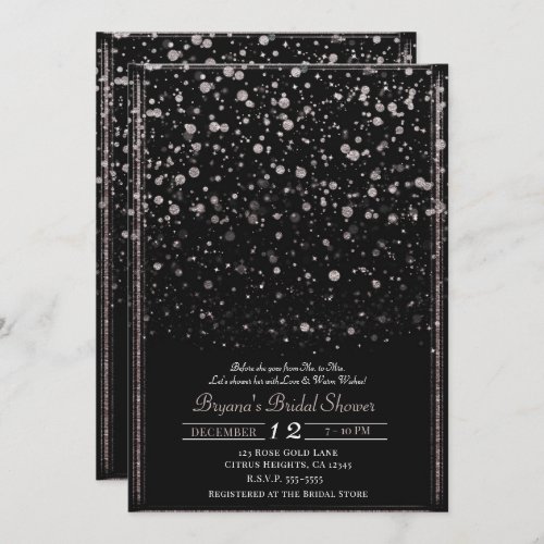 Rose Gold  Black Confetti Splatter Bridal Shower Invitation