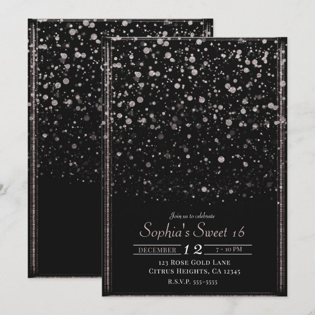 Rose Gold & Black Confetti Splatter Sweet 16 Party Invitation (Front/Back)